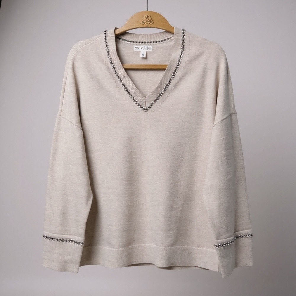Grey Cream V-Neck Sweater with Silver‎ Chain Embellishment